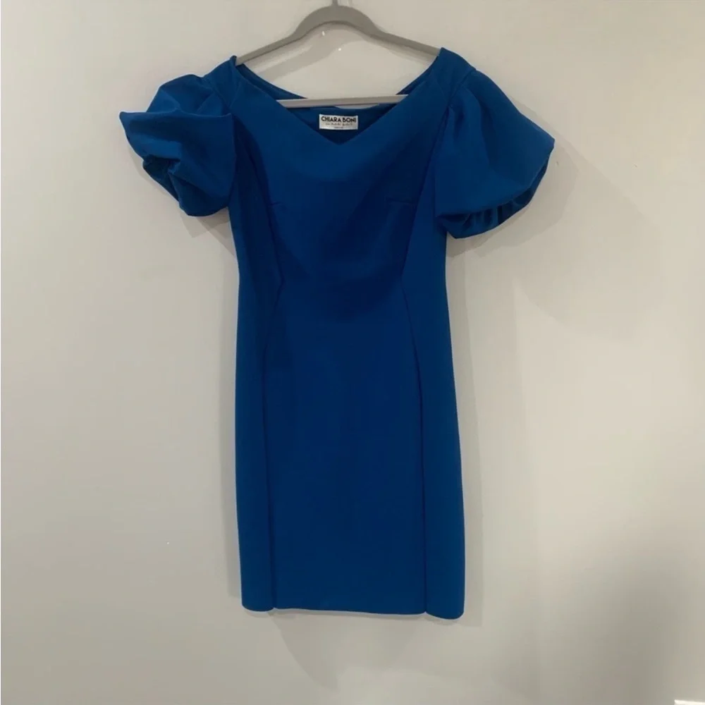 Chiara Boni Dress Guendalina Knee Length Bodycon Puff Sleeve in Blue